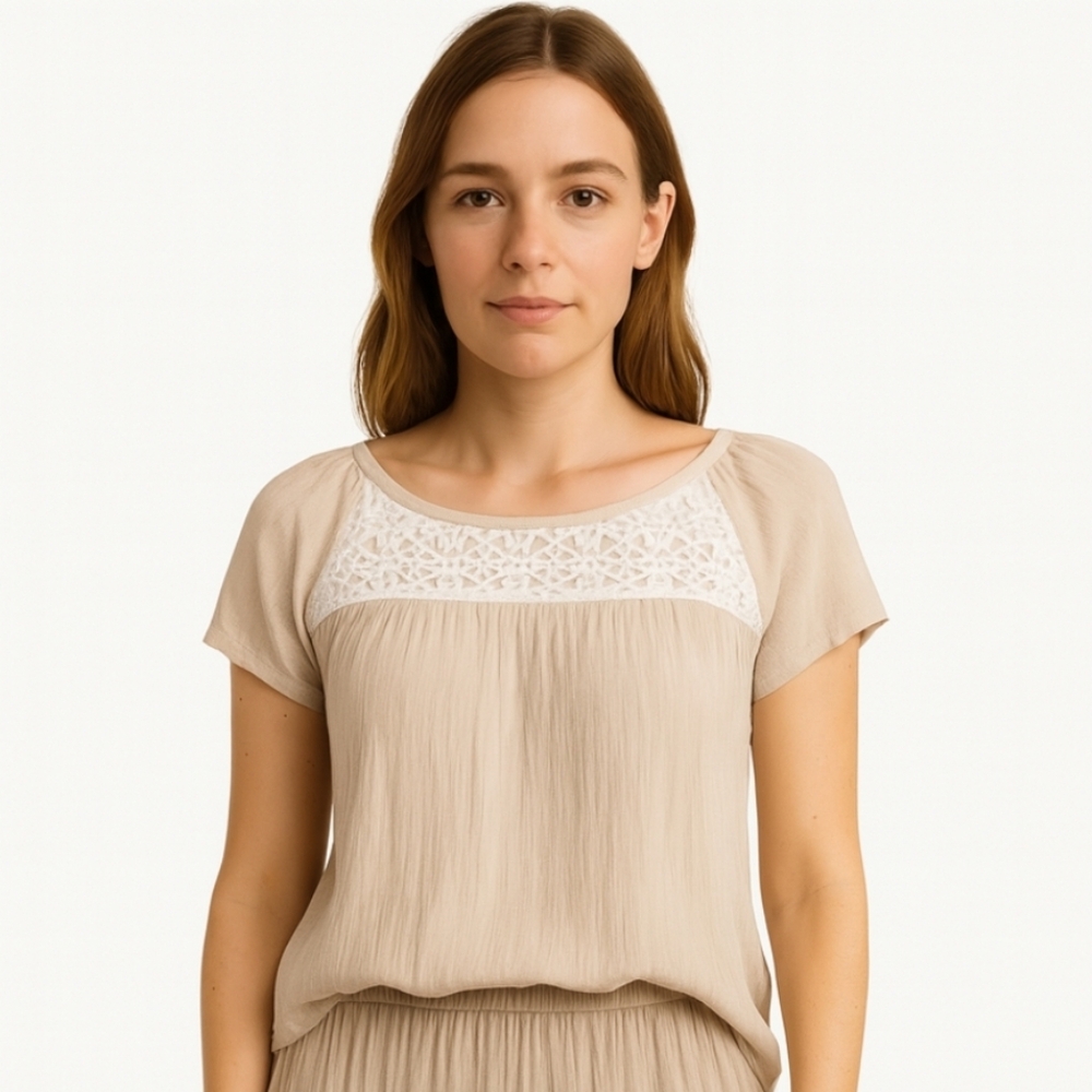 Altar'd State Beige Peasant Bohemian Lace Keyhole Blouse Sz Lg